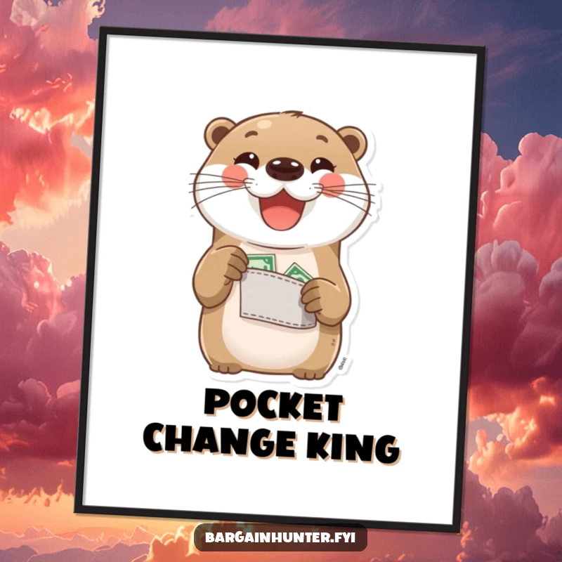 Funny Otter Digital Art Print: A delighted otter proudly displays its pocket change. High-resolution humorous artwork for proud savers.