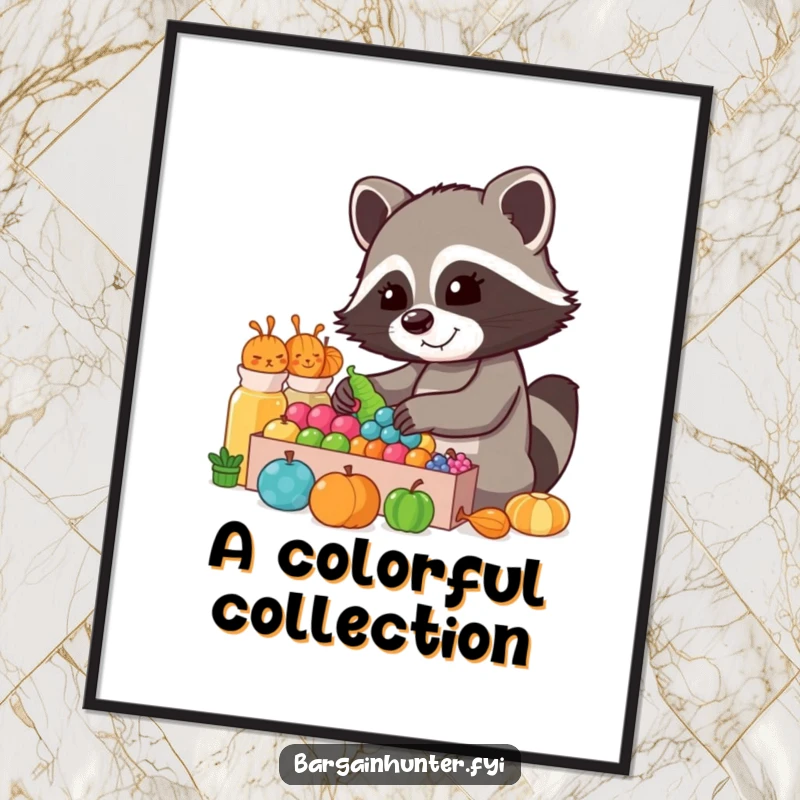 Funny Raccoon Collector Digital Art: A cheerful raccoon sorts through a colorful display, bringing immediate whimsical humor.