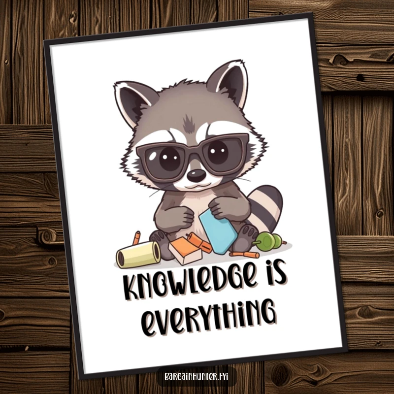 Funny digital art print of a curious raccoon with large glasses, sifting through items, capturing an amusing and detailed scene.