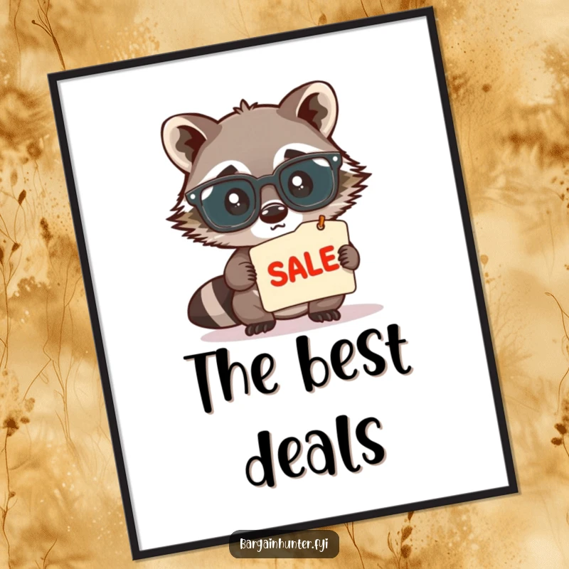 Funny, cute raccoon wearing large spectacles, peering intently at a sale tag, as a digital art print, perfect for instant humorous decor.