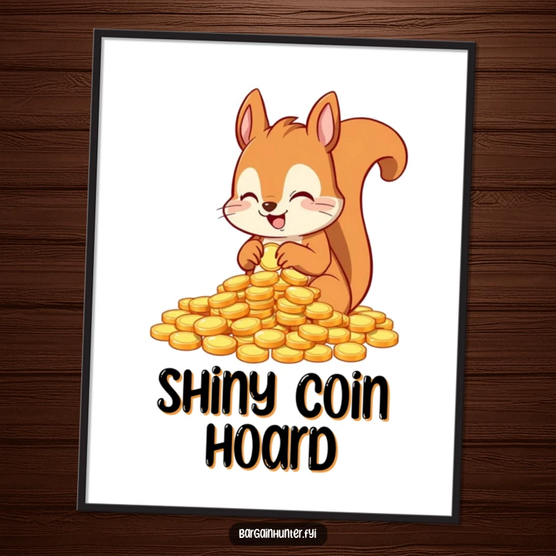 Funny digital art print of an excited squirrel character counting shiny coins, offering instant financial humor.