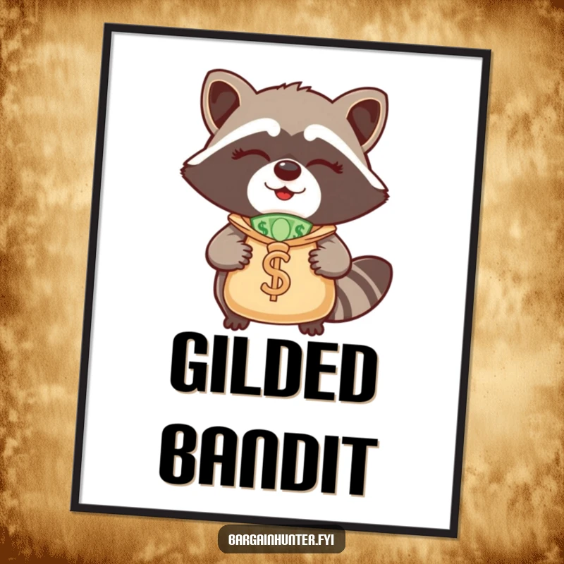 Funny Raccoon Digital Art: A winking raccoon holding a money bag, a humorous and vibrant piece for instant wall decor.