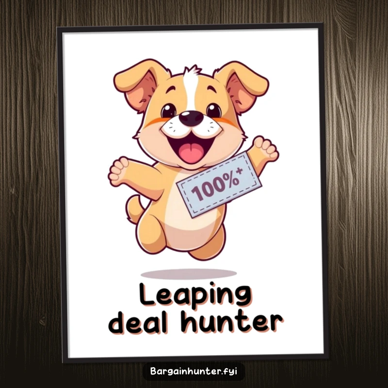 Funny, happy dog wearing a discount coupon, leaping with excitement, as a digital art print, perfect for instant joyful decor.