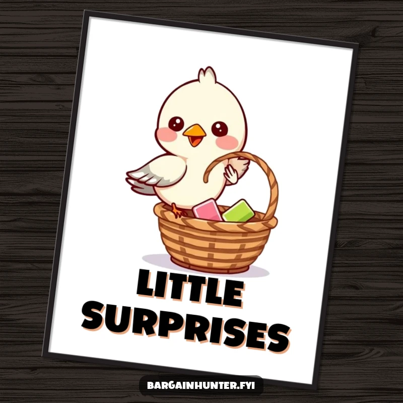 Funny digital art print of a mischievous bird dropping a small item into a basket.