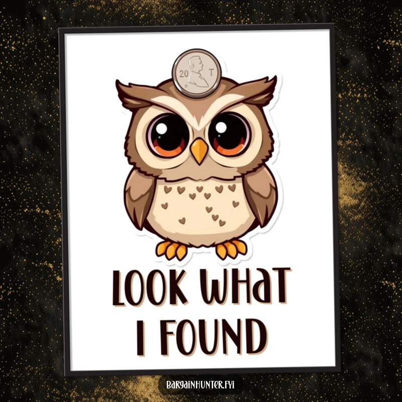 Funny surprised owl with large round eyes spotting a penny, printable digital art symbolizing luck and wonder, ideal wall decor.