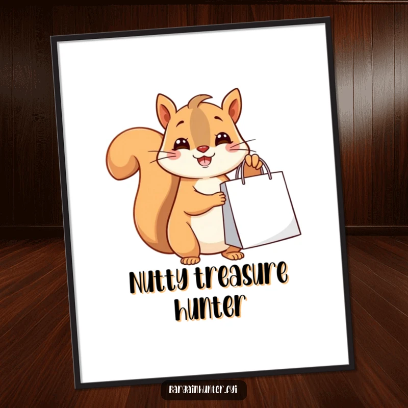 Funny happy squirrel holding a shopping bag, a cute and humorous digital art print.