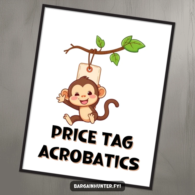 Funny monkey character swinging from a price tag, high-resolution digital art print for instant decor.