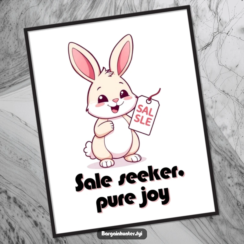 Funny Rabbit Digital Art Print: A cheerful rabbit examines a sale tag with glee. High-resolution humorous artwork for bargain enthusiasts.