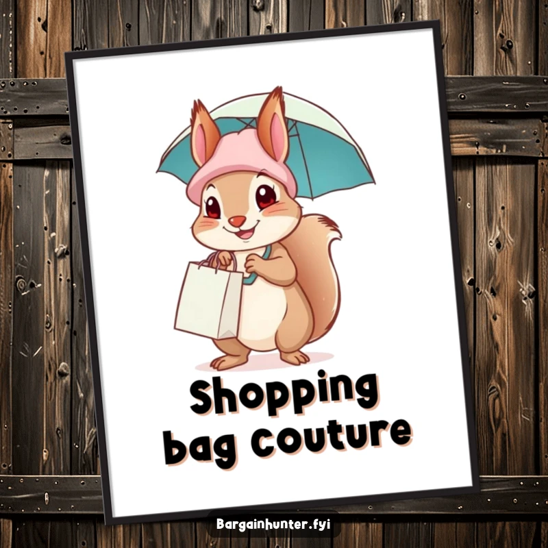 Funny squirrel with a shopping bag hat and umbrella, a charming digital artwork ready to brighten any room.