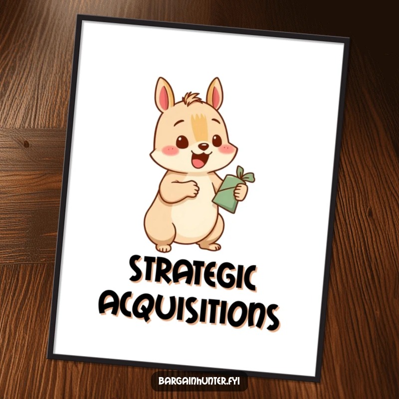 Funny squirrel digital art print of a happy squirrel character excitedly exchanging a small item for a larger one, perfect for humorous decor.