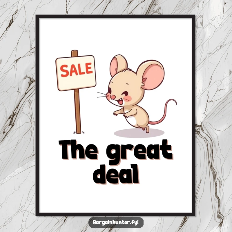 Funny digital art print of a grinning mouse scurrying towards a sale sign, offering instant shopping humor.