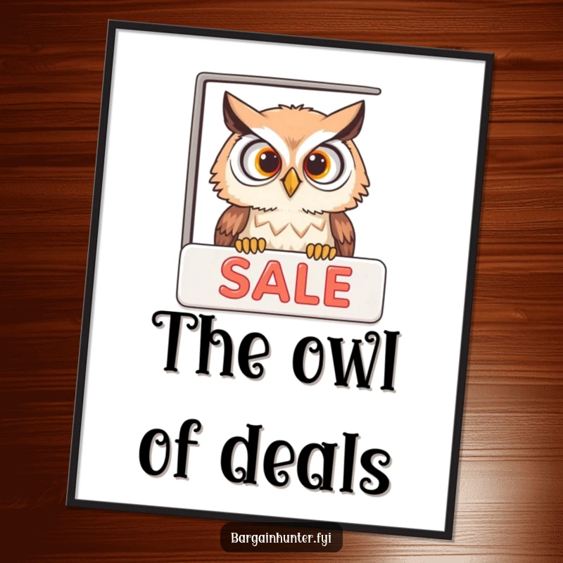 Funny digital art print of a curious owl peeking into a sale advertisement, offering instant humorous decoration.