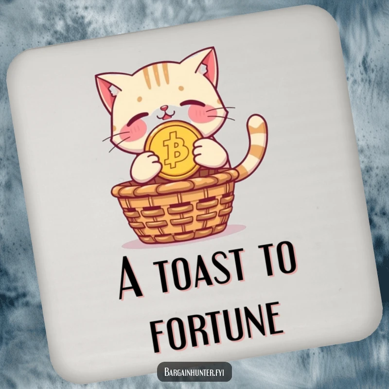 Funny coaster: a proud cat holds a giant coin, diving towards a treasure basket humorously.