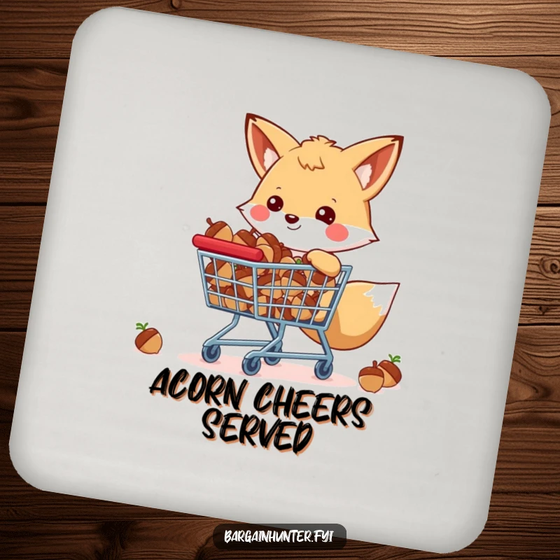 Funny happy fox with a shopping cart full of acorns, a protective coaster with a charming design.