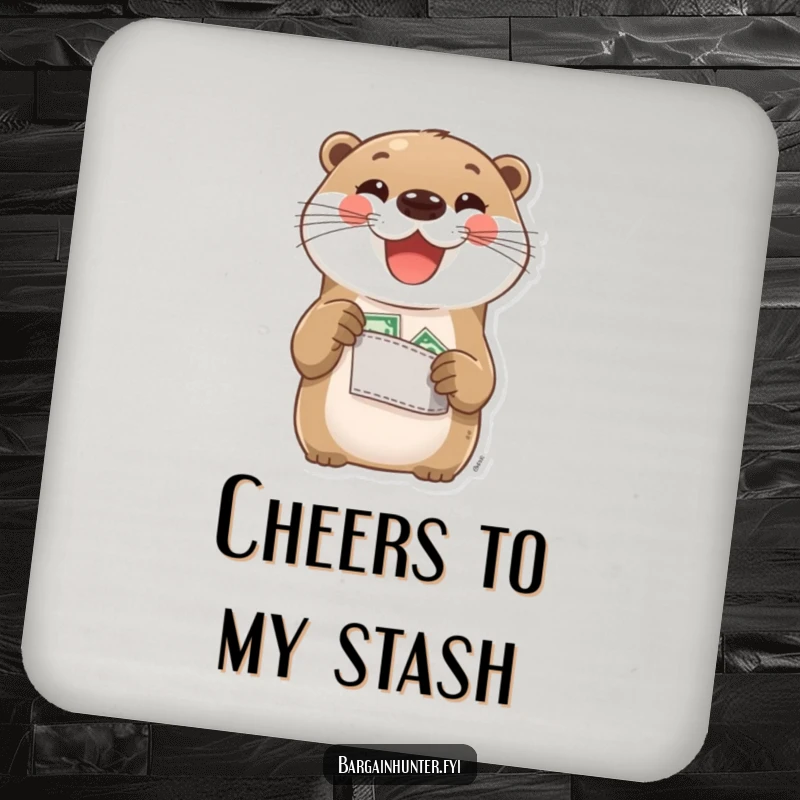 Funny Otter Drink Coaster: A delighted otter proudly shows off its pocket change. Humorous and functional coaster for drink protection.
