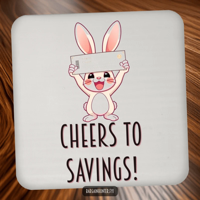 Funny bunny coaster featuring a joyful bunny holding a giant coupon triumphantly.