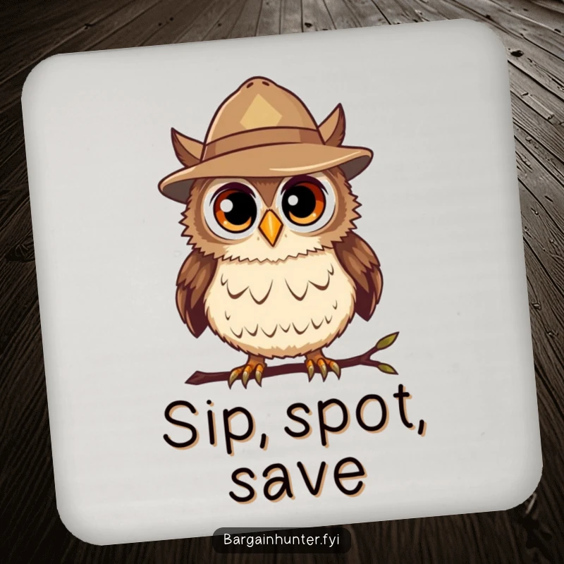 Funny Bargain Hunter Owl Coaster featuring a curious owl in a hat, adding humorous protection to tables.