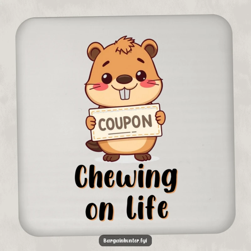 Funny happy beaver holding a coupon with a grin on a set of drink coasters, providing humorous surface protection.