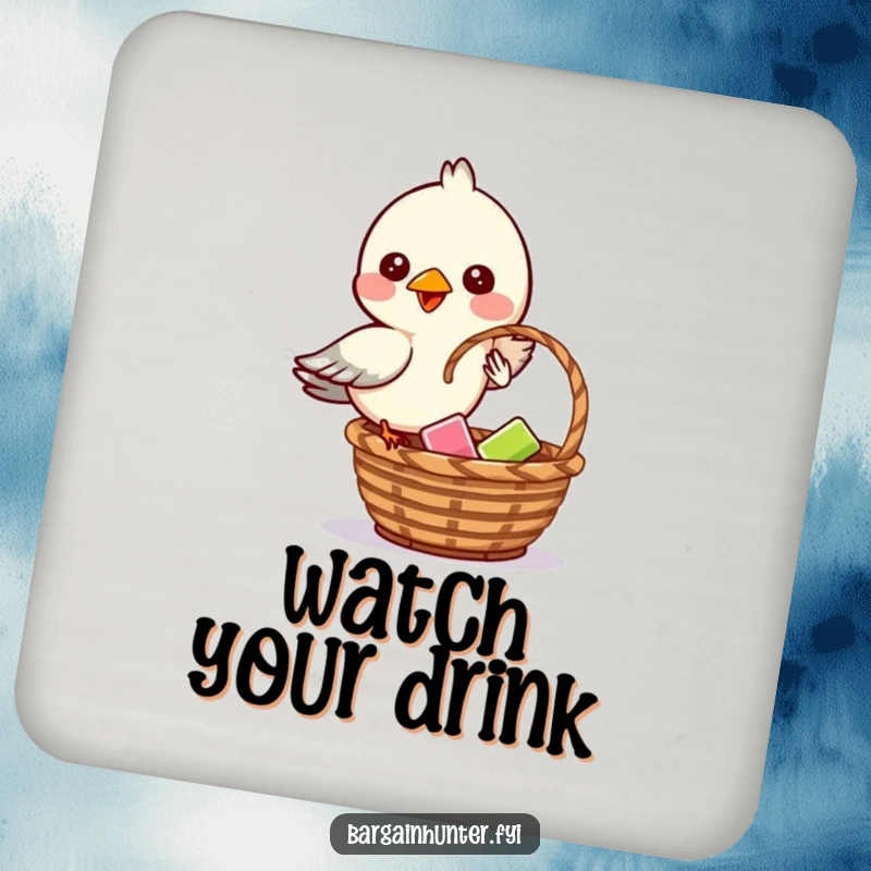 Funny coaster featuring a mischievous bird dropping an item into a basket with a sly expression.