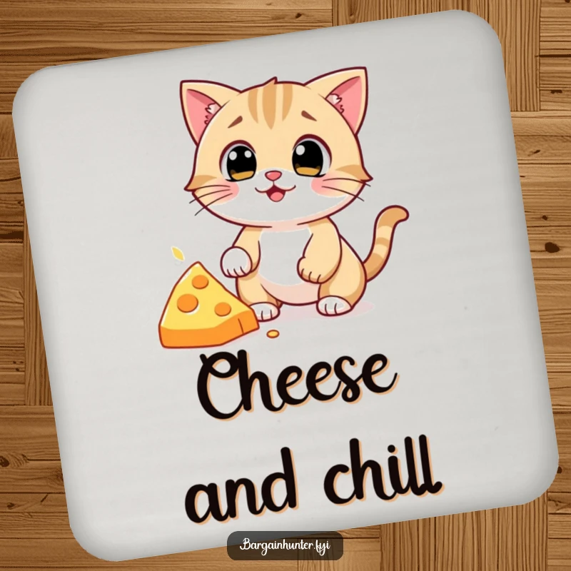 Funny Cat Coaster: Small, protective coaster depicting a comical cat character focused on snatching a piece of cheese, adding humor to drinks.