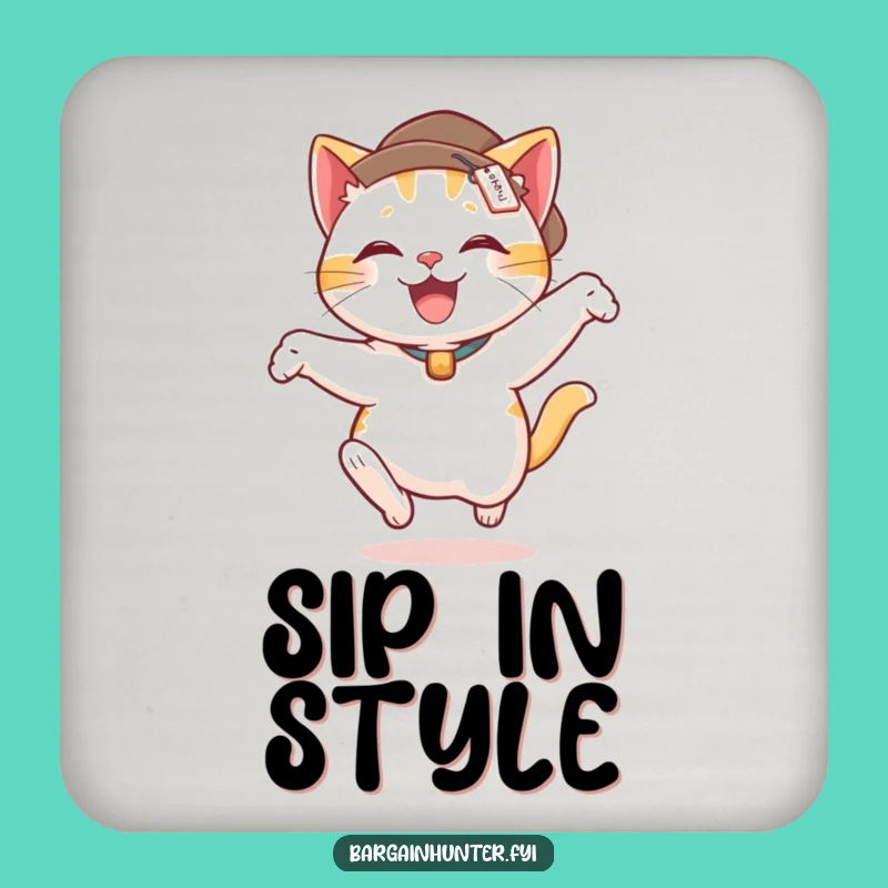 Funny Cat Leap Coaster: Delighted Feline in Hat with Price Tag - Protect Surfaces