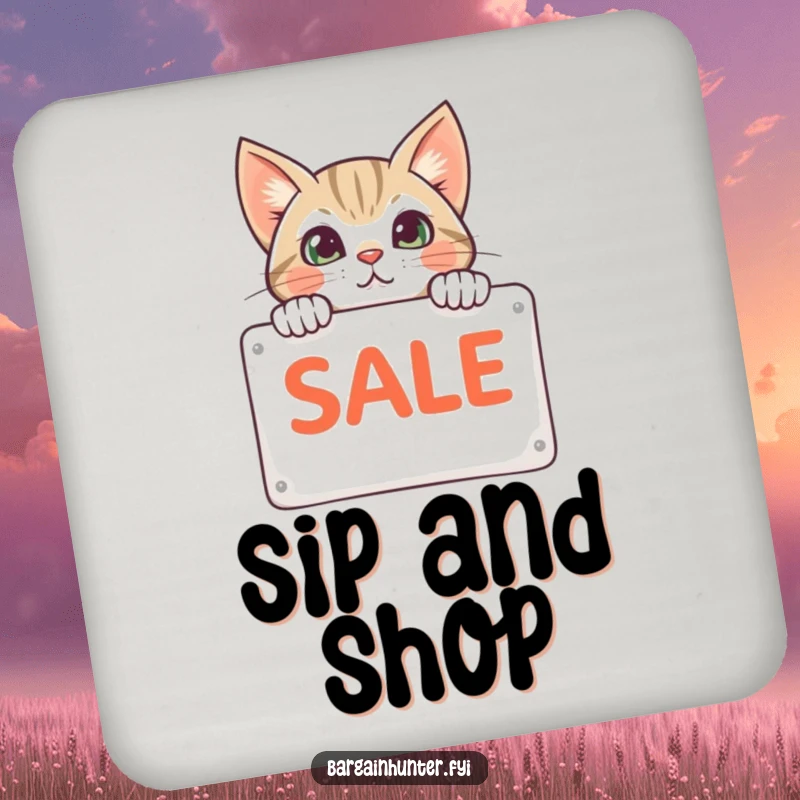 Funny cat peeking from behind a sale sign on a drink coaster, protecting tables with feline-inspired shopping humor, set of four.