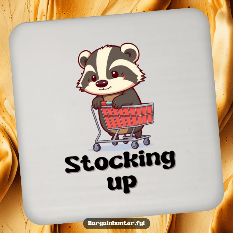 Funny Badger Coasters: A determined badger with a shopping trolley, offering protection and a dose of focused humor.