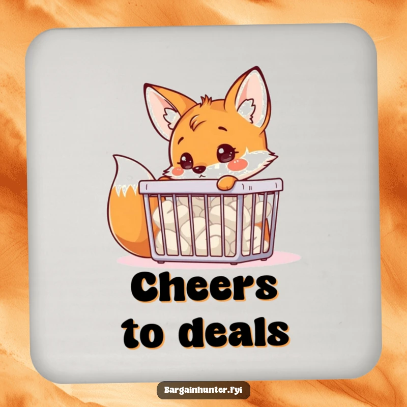 A funny fox character curiously peering into a bargain bin, featured on a protective and funny drink coaster.