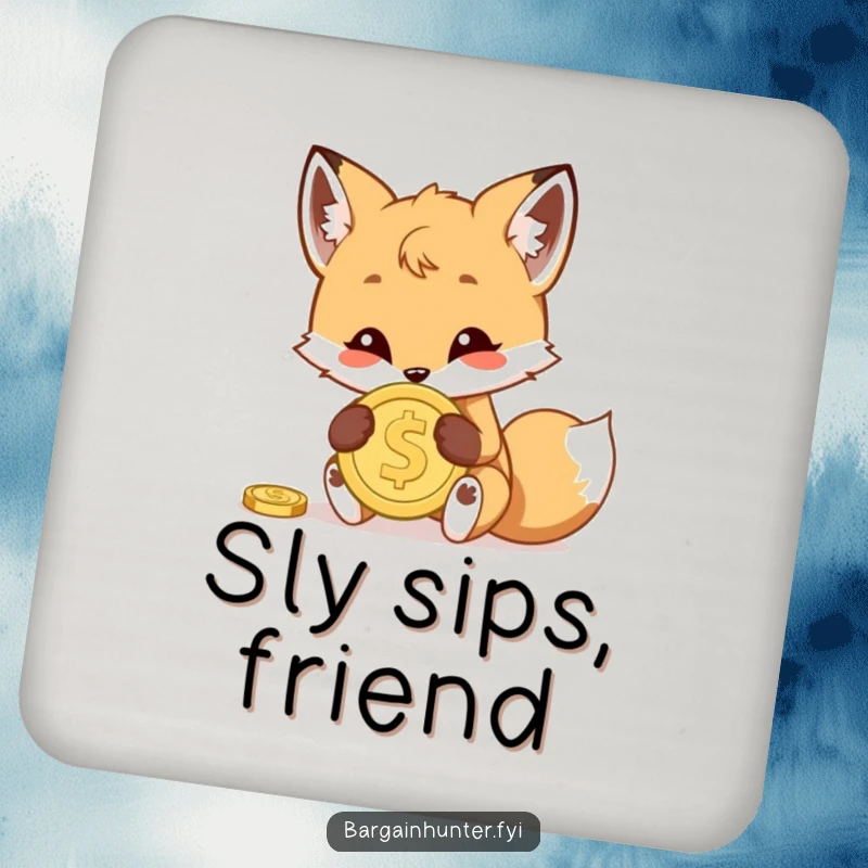 Funny coaster depicting a mischievous fox cub hiding a shiny coin, offering stylish, playful, and humorous protection.