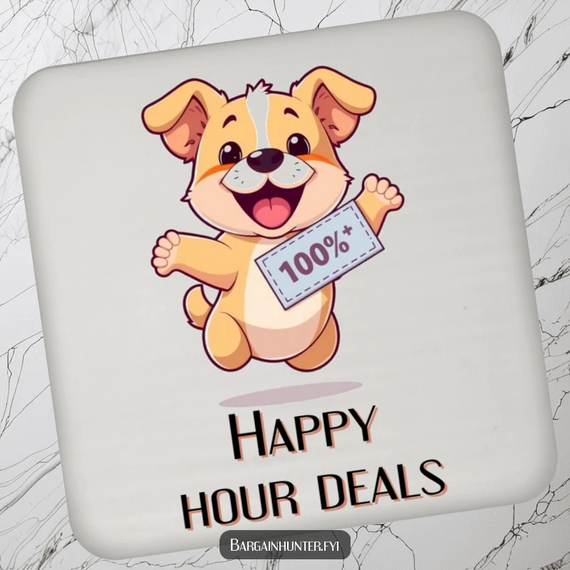 Funny, happy dog wearing a discount coupon, leaping with excitement, on a protective drink coaster, offering joyous canine humor.