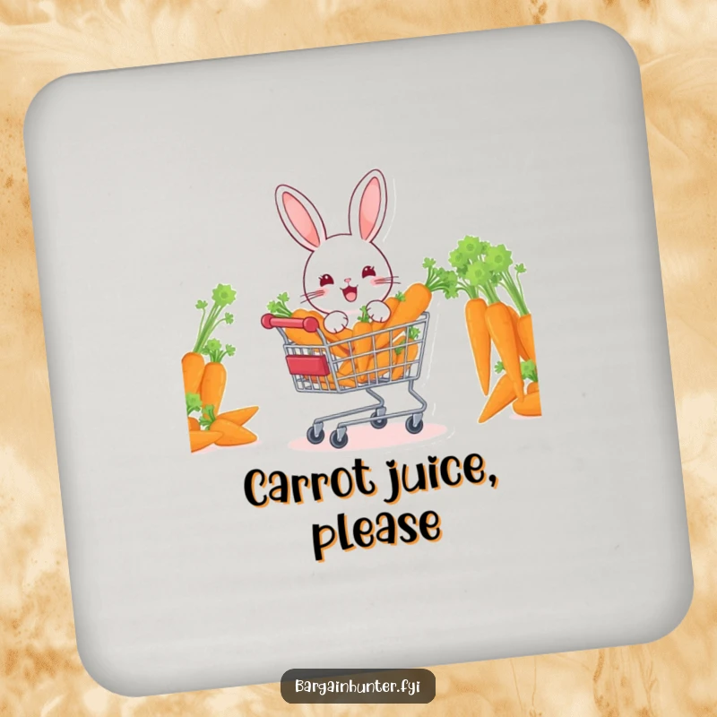 Funny rabbit cart overflowing with carrots, guarding drinks with garden charm and humor.