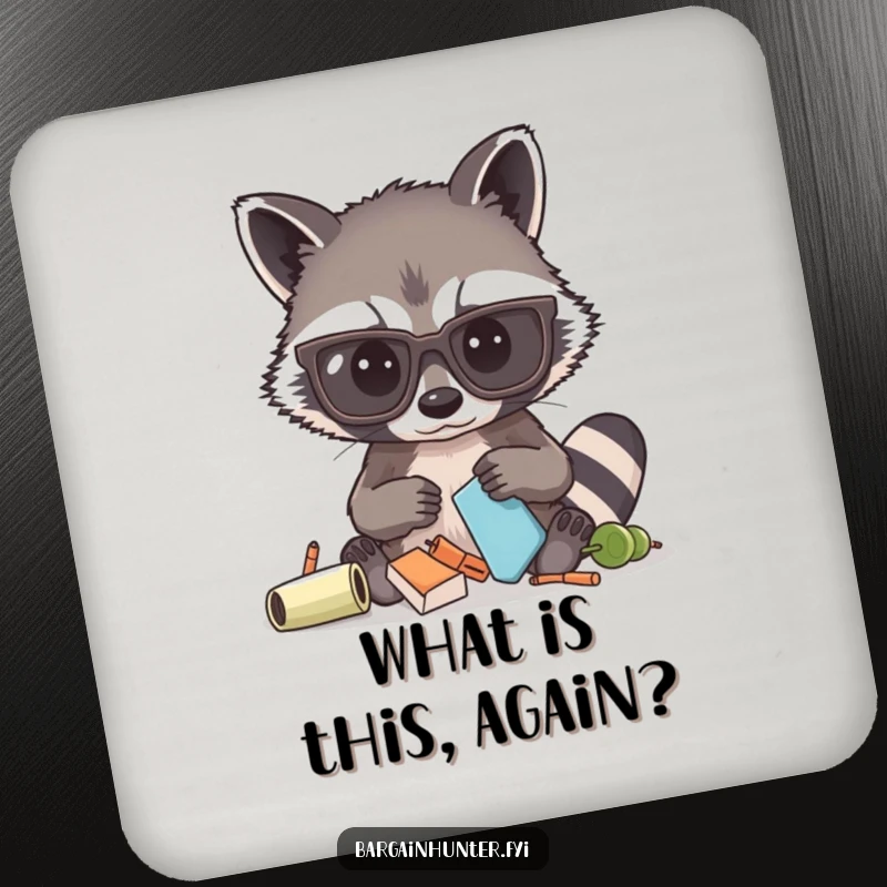 Funny drink coaster showcasing a curious raccoon in oversized glasses, sifting through condensation rings, offering a humorous touch to tables.