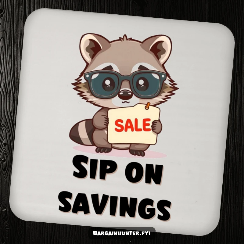 Funny, cute raccoon wearing large spectacles, peering intently at a sale tag, on a protective drink coaster, offering humorous detail.