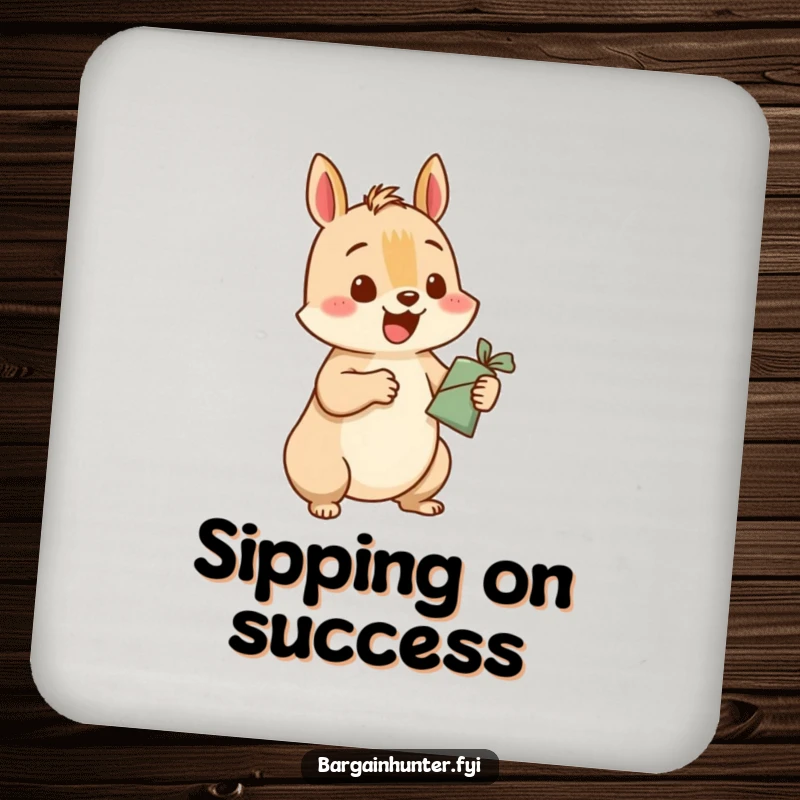 Funny squirrel coaster featuring a happy squirrel character excitedly exchanging a small item for a larger one, perfect for protecting tables.
