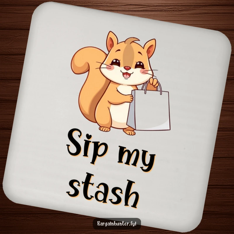 Funny happy squirrel holding a shopping bag, a humorous and protective drink coaster.