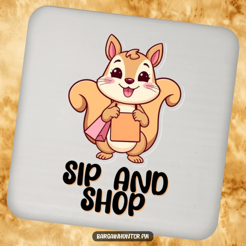 A funny squirrel character smiling and holding a shopping bag, featured on a protective and funny drink coaster.