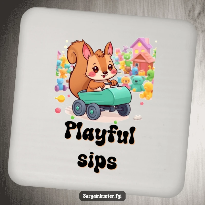 Funny playful squirrel drink coaster with a tiny cart and colorful toys, adding playful fun to your tables.