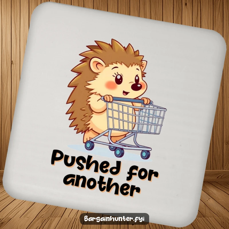 Funny hedgehog character pushing an oversized shopping cart on a durable drink coaster, protecting furniture.