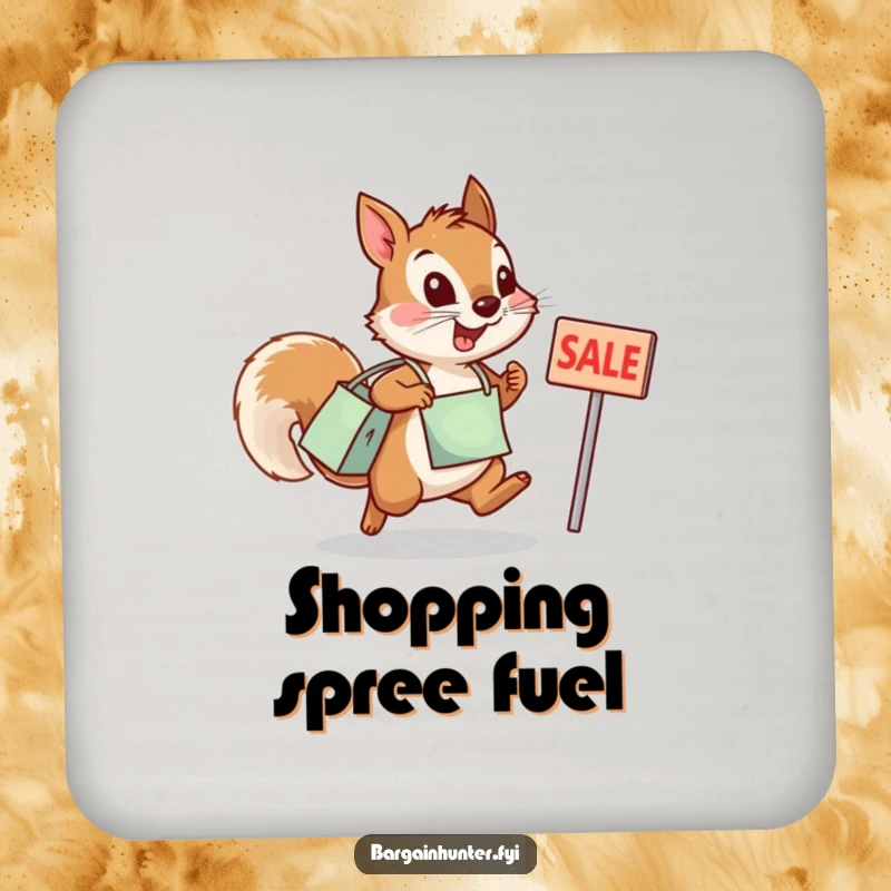 Funny squirrel coaster showing a determined squirrel with a shopping bag leaping towards a sale sign.