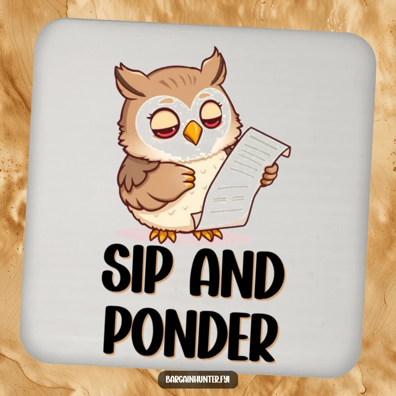 Funny coaster set featuring a wise owl character examining a shopping receipt with a knowing expression, protecting surfaces with smart humor.