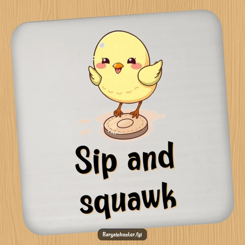 Funny bird drink coaster with a happy bird pecking a coin, protecting surfaces with a smile.
