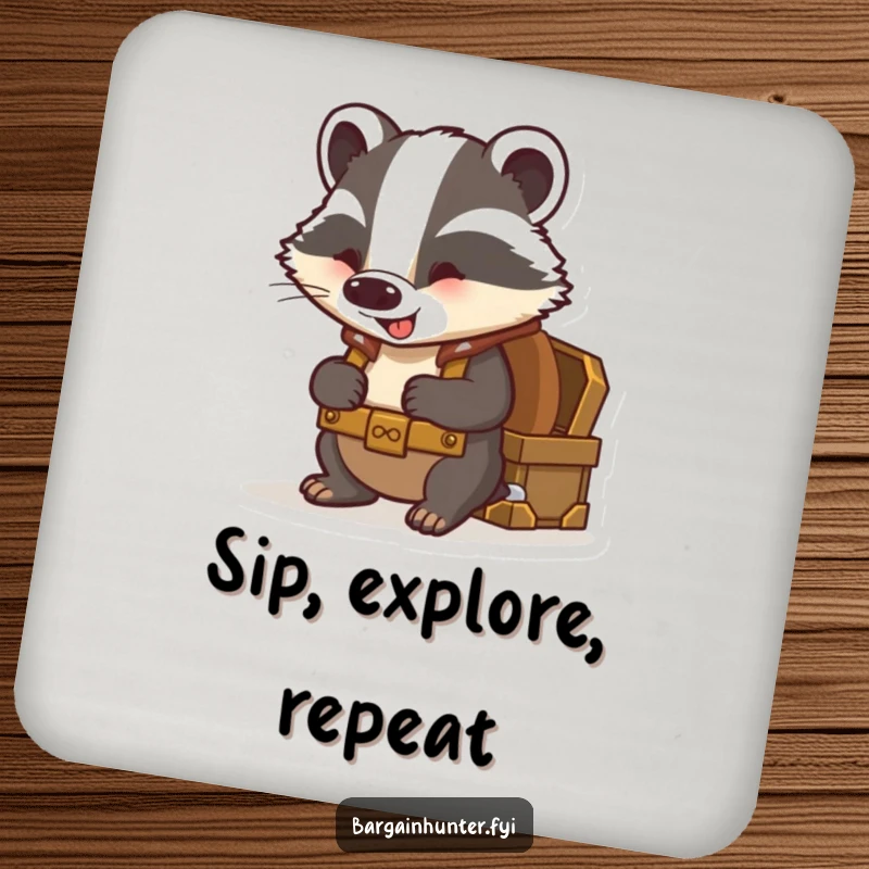Funny badger coaster featuring a curious badger with a backpack excitedly peering into a treasure chest.