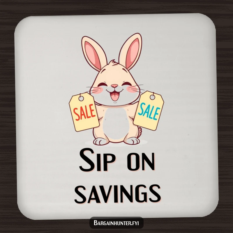 Funny Coaster featuring a rabbit comparing sale tags, protecting surfaces with a touch of shopping humor.