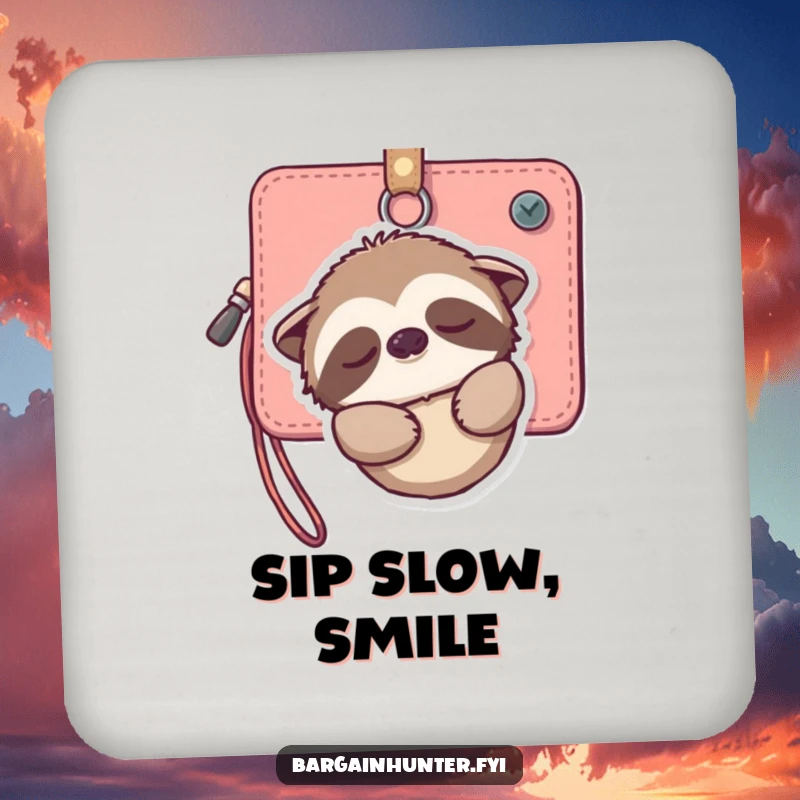Funny coaster depicting a sleepy sloth hanging from a wallet, smiling gently, offering stylish, peaceful, and humorous protection.