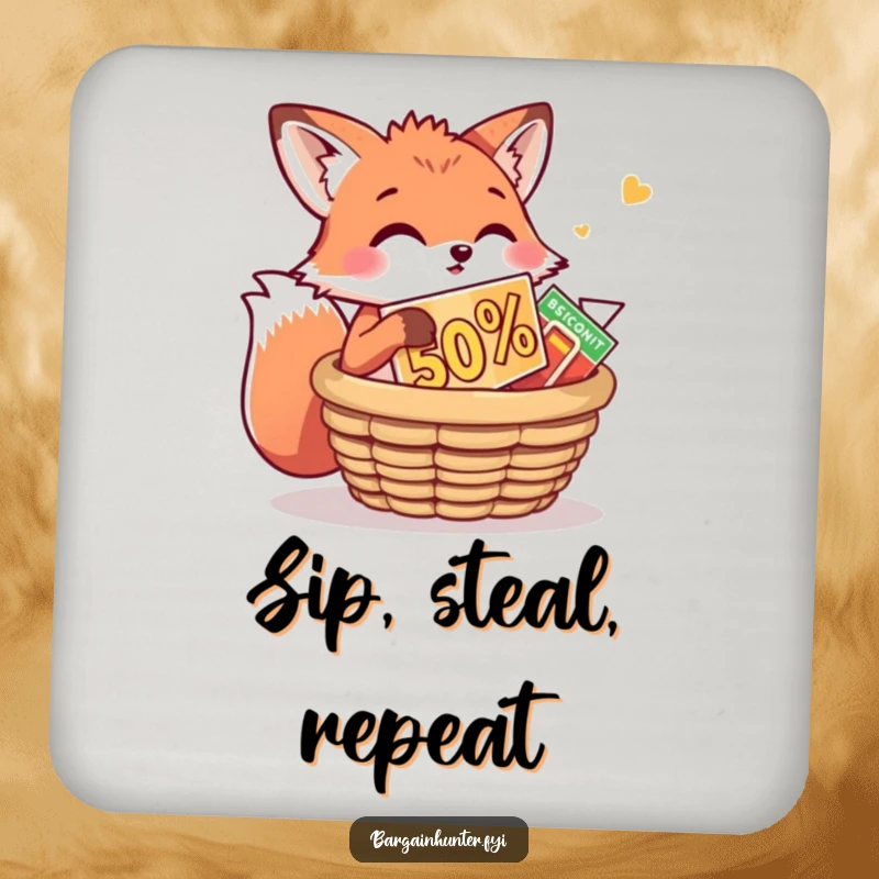 Funny Fox Drink Coaster: A playful fox is stuffing a huge discount into a basket. Humorous and functional coaster for drink protection.