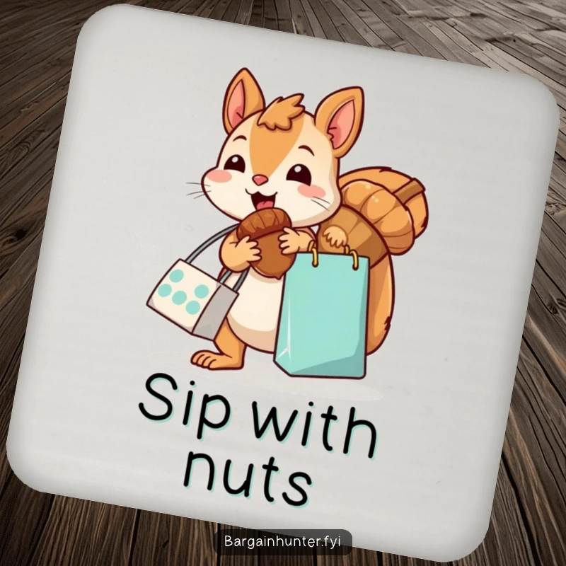 Funny, kawaii squirrel with a shopping bag, excitedly grabbing an oversized acorn, on a protective drink coaster, offering cute woodland humor.