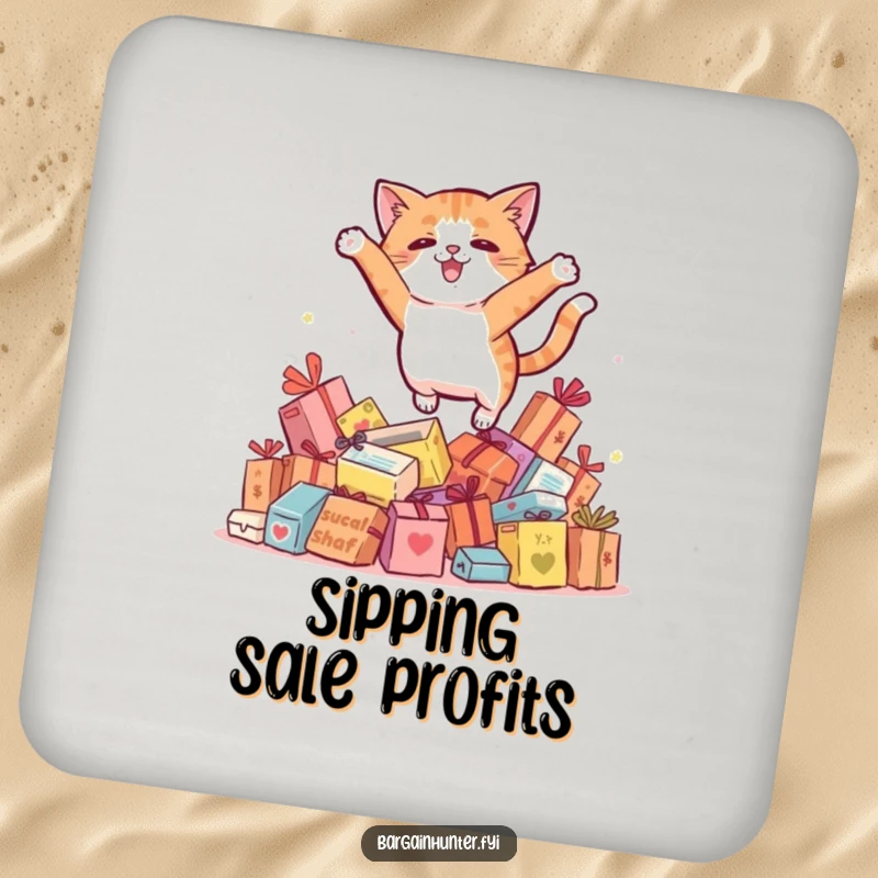 Funny cat leaping over sale items, guarding drinks with style and feline humor.
