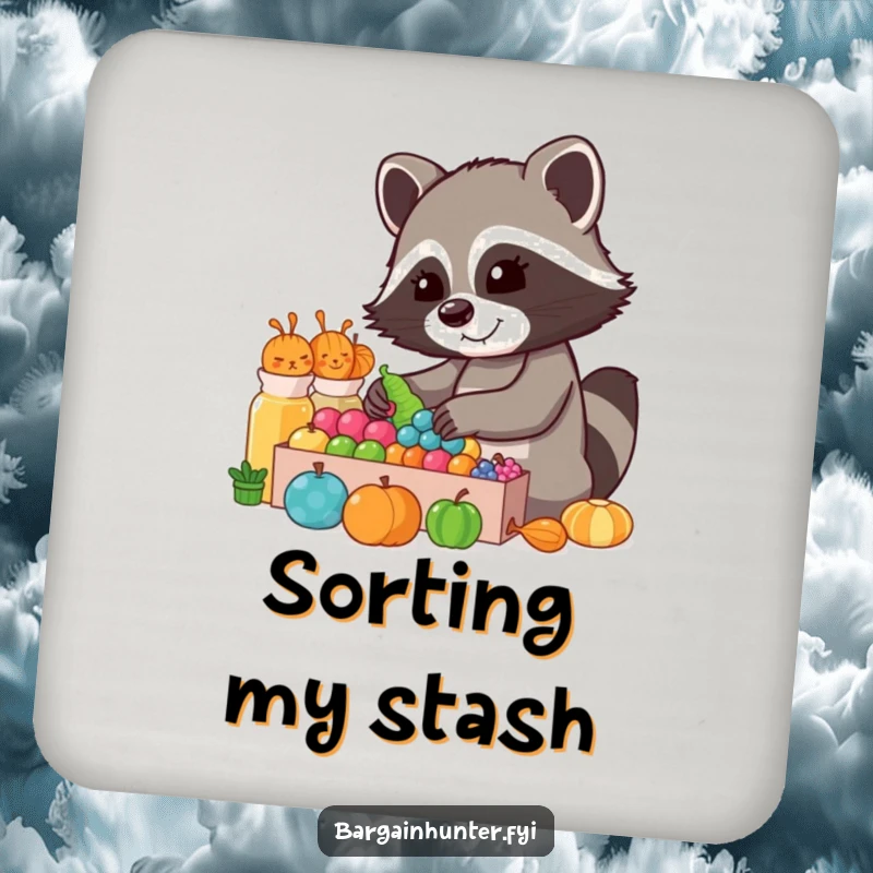 Funny Raccoon Collector Coaster: A cheerful raccoon sorts through a colorful display, protecting surfaces with humor.
