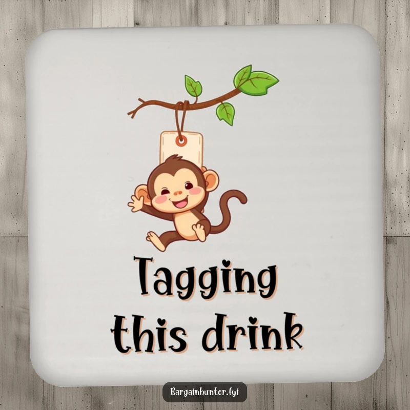Funny monkey swinging from a price tag on a durable drink coaster, protecting furniture.