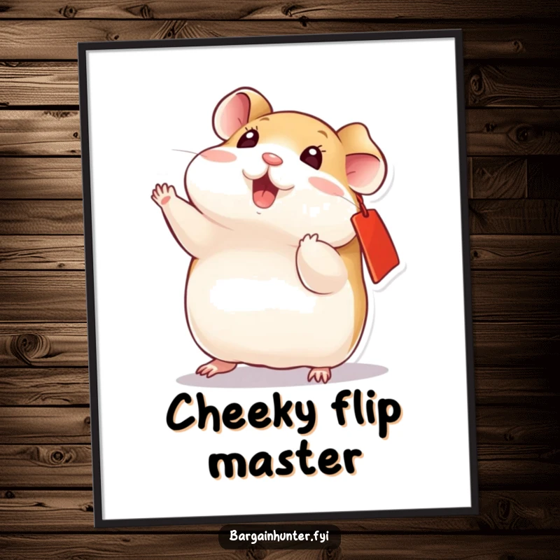 Funny playful hamster with a red ear tag, doing a dynamic flip, a vibrant poster for energetic decor.